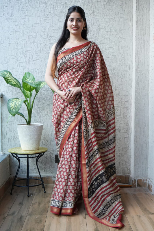 Jaipuri Hand Block Bagru Printed Maheshwari Silk Saree With Blouse (MSS28)