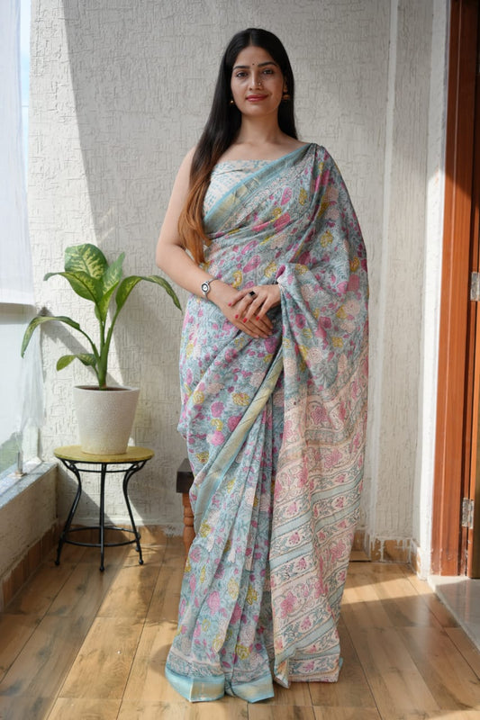Jaipuri Hand Block Bagru Printed Maheshwari Silk Saree With Blouse (MSS29)
