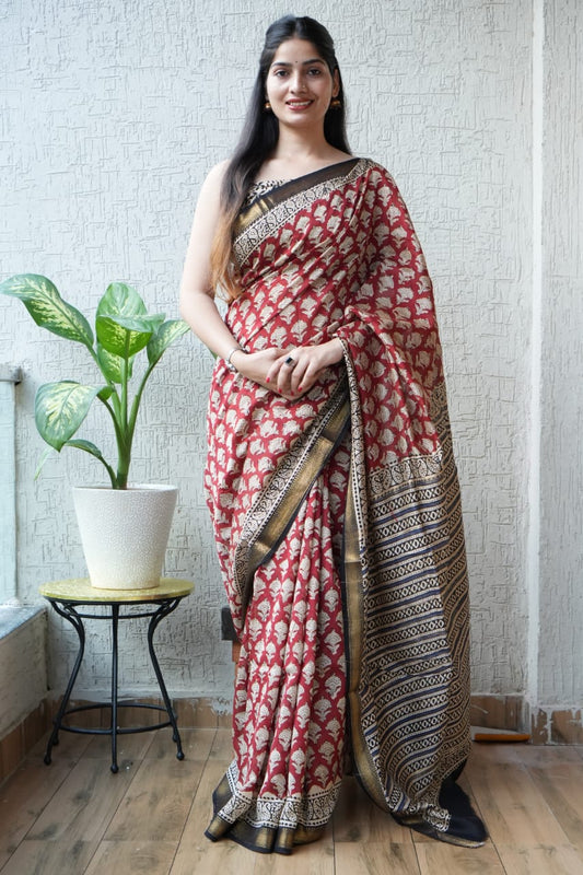 Jaipuri Hand Block Bagru Printed Maheshwari Silk Saree With Blouse (MSS32)