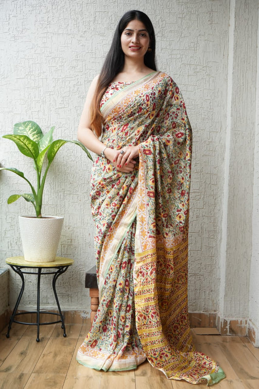 Jaipuri Hand Block Bagru Printed Maheshwari Silk Saree With Blouse (MSS34)