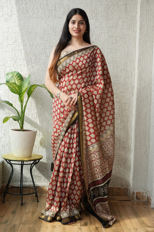 Jaipuri Hand Block Bagru Printed Maheshwari Silk Saree With Blouse (MSS35)