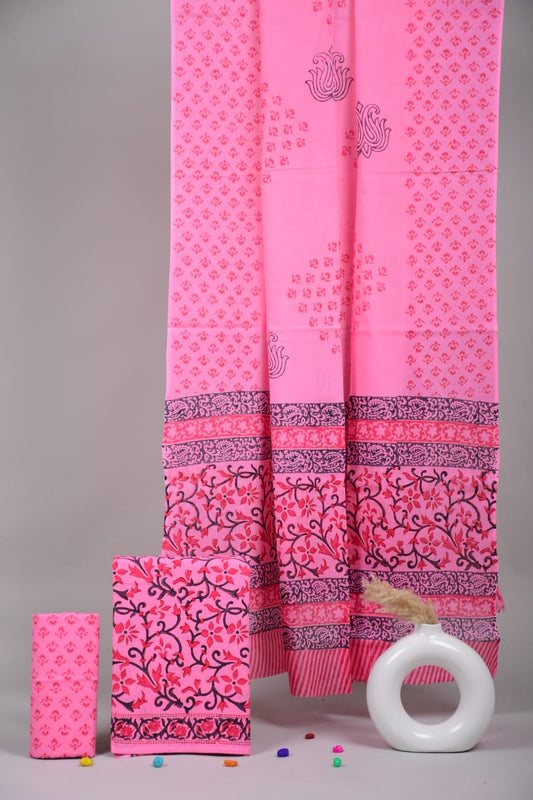 HAND BLOCK PRINTED COTTON 3-PIS SUIT WITH MULMUL DUPPATA (CMS7)