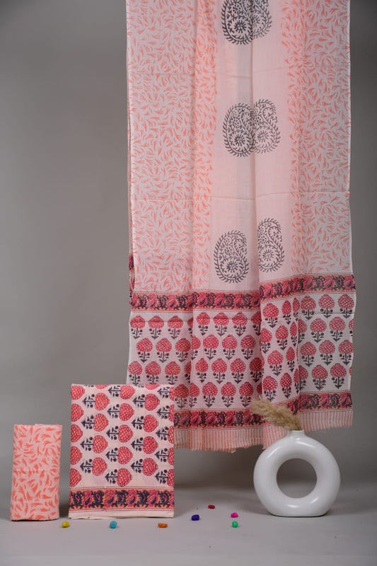 HAND BLOCK PRINTED COTTON 3-PIS SUIT WITH MULMUL DUPPATA (CMS9)