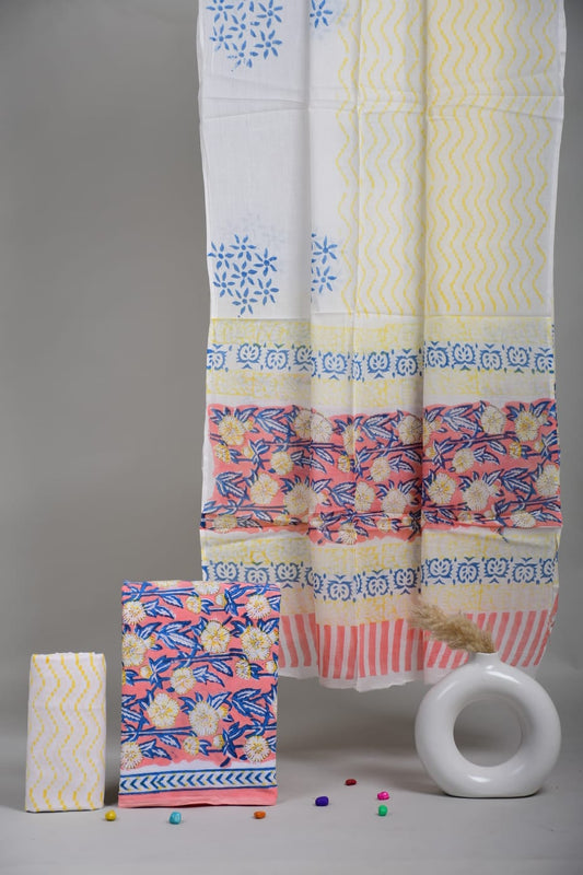 HAND BLOCK PRINTED COTTON 3-PIS SUIT WITH MULMUL DUPPATA (CMS8)