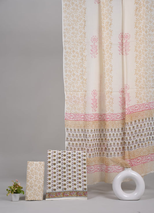 HAND BLOCK PRINTED COTTON 3-PIS SUIT WITH MULMUL DUPPATA (CMS10)