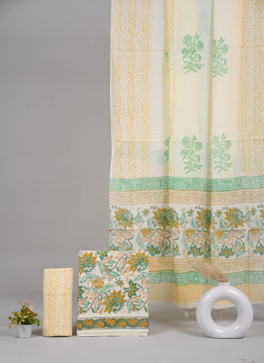 HAND BLOCK PRINTED COTTON 3-PIS SUIT WITH MULMUL DUPPATA (CMS11)