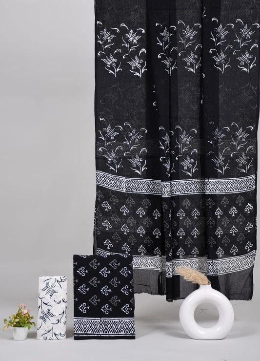 HAND BLOCK PRINTED COTTON 3-PIS SUIT WITH MULMUL DUPPATA (CMS13)