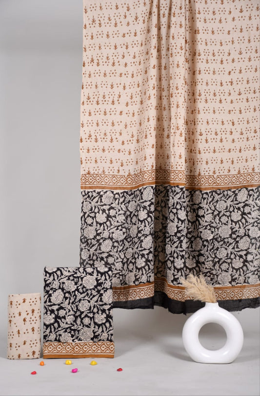 HAND BLOCK PRINTED COTTON 3-PIS SUIT WITH MULMUL DUPPATA (CMS14)