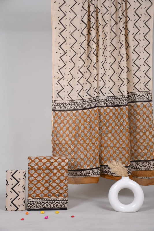 HAND BLOCK PRINTED COTTON 3-PIS SUIT WITH MULMUL DUPPATA (CMS18)