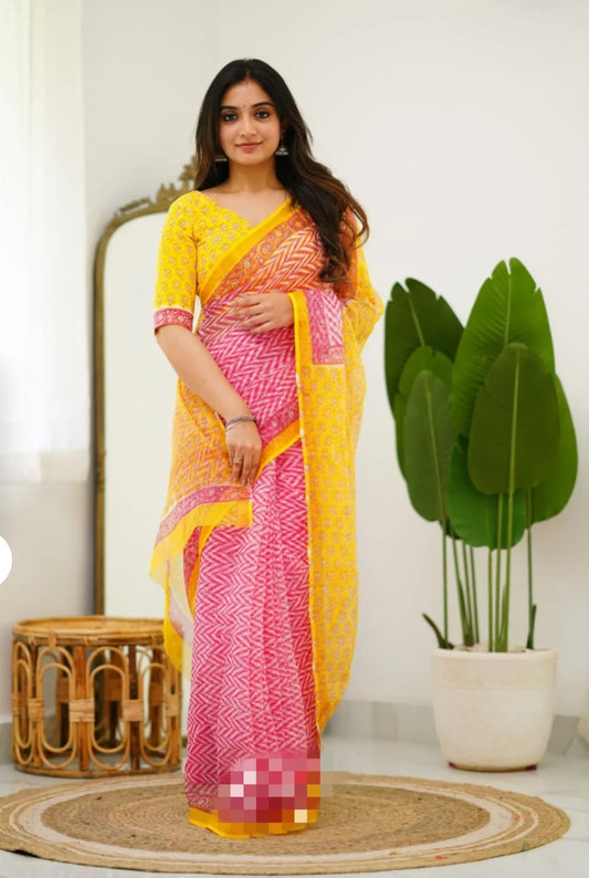 Jaipuri Block Printed Cotton Kota Doriya Saree (CIS17)