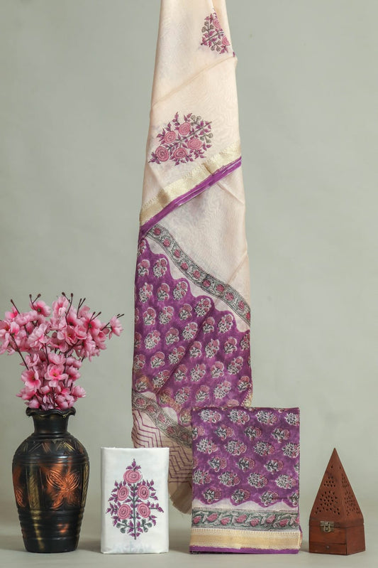 JAIPURI HAND BLOCK PRINTED MAHESHWARI SILK SUIT WITH SILK DUPPATA (MSD12)