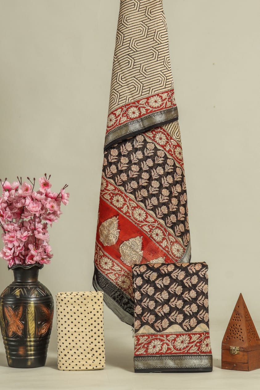 JAIPURI HAND BLOCK PRINTED MAHESHWARI SILK SUIT WITH SILK DUPPATA (MSD33)