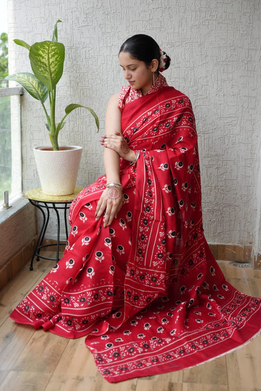Ajrakh Hand Block Bagru Vanspati Printend Modal Silk Saree with Blouse (CID20)