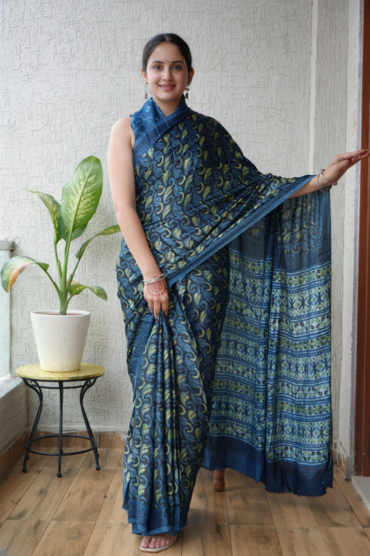 Ajrakh Hand Block Bagru Vanspati Printend Modal Silk Saree with Blouse (CID8)