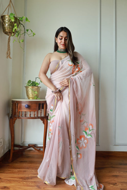 Hand Brush Painted Chiffon Saree with Blouse ( CIA23)
