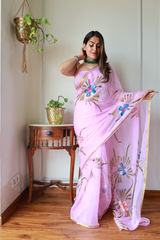 Hand Brush Painted Chiffon Saree with Blouse ( CIA24)