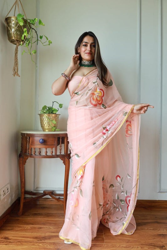 Hand Brush Painted Chiffon Saree with Blouse ( CIA25)