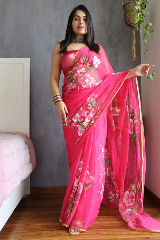 Hand Brush Painted Chiffon Saree with Blouse ( CIA29)