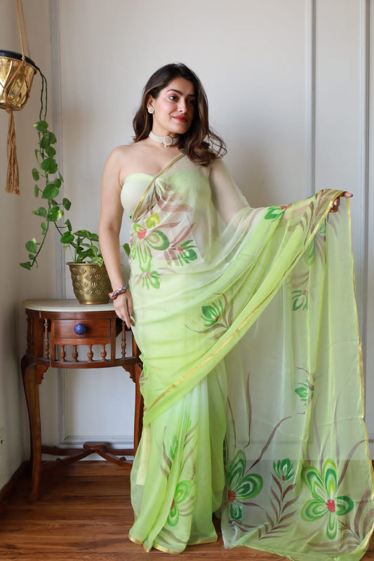Hand Brush Painted Chiffon Saree with Blouse ( CIA4)