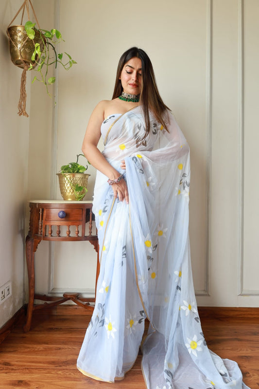 Hand Brush Painted Chiffon Saree with Blouse ( CIA6)