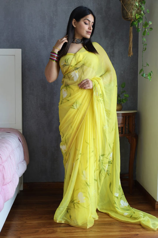 Hand Brush Painted Chiffon Saree with Blouse ( CIA30)