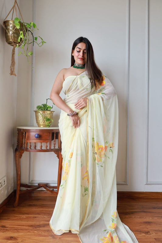 Hand Brush Painted Chiffon Saree with Blouse ( CIA8)