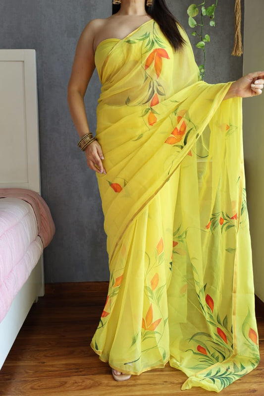 Hand Brush Painted Chiffon Saree with Blouse ( CIA31)