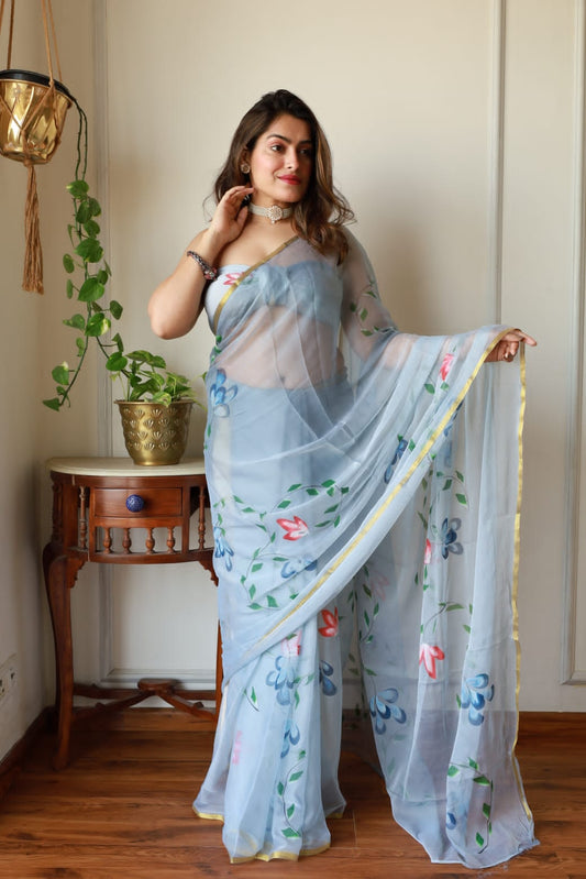 Hand Brush Painted Chiffon Saree with Blouse ( CIA26)
