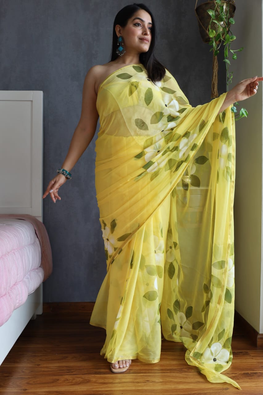 Hand Brush Painted Chiffon Saree with Blouse ( CIA32)