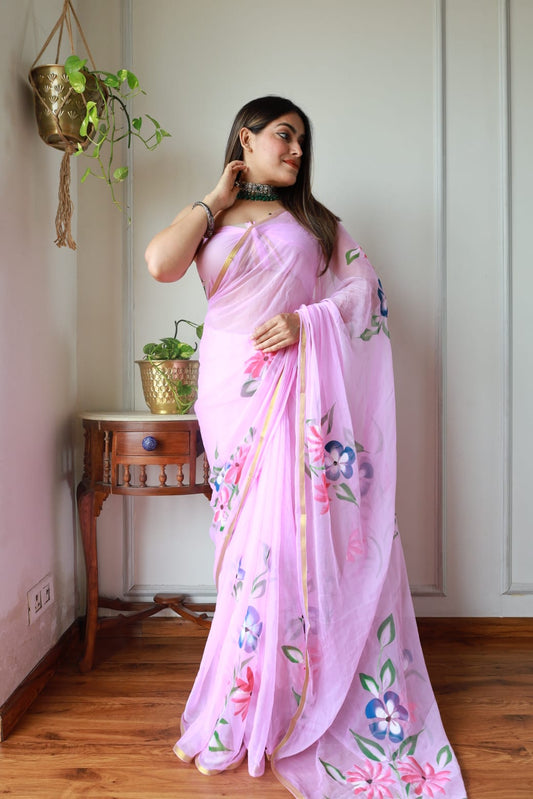 Hand Brush Painted Chiffon Saree with Blouse ( CIA14)