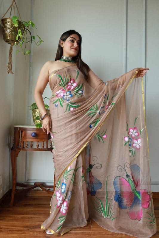 Hand Brush Painted Chiffon Saree with Blouse ( CIA19)
