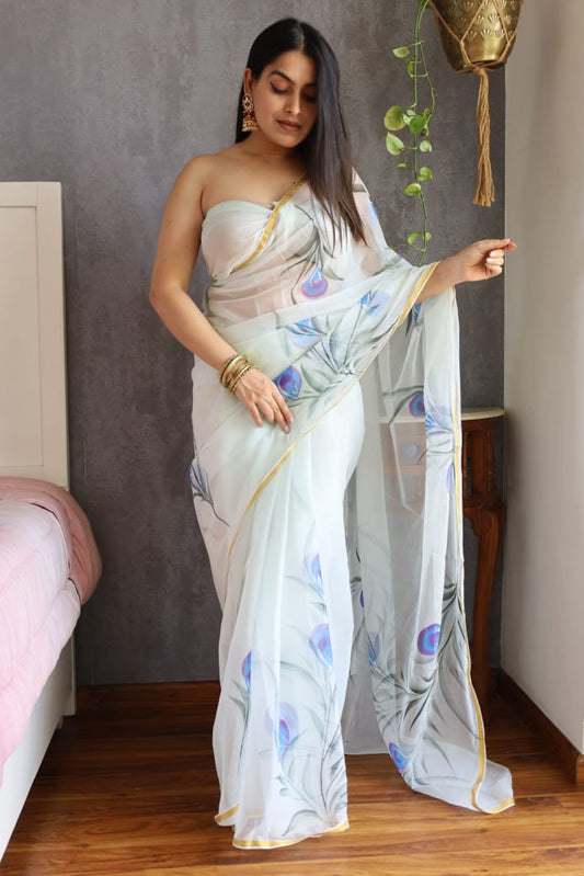 Hand Brush Painted Chiffon Saree with Blouse ( CIA33)