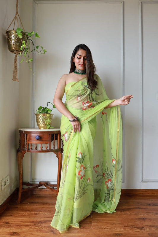 Hand Brush Painted Chiffon Saree with Blouse ( CIA21)