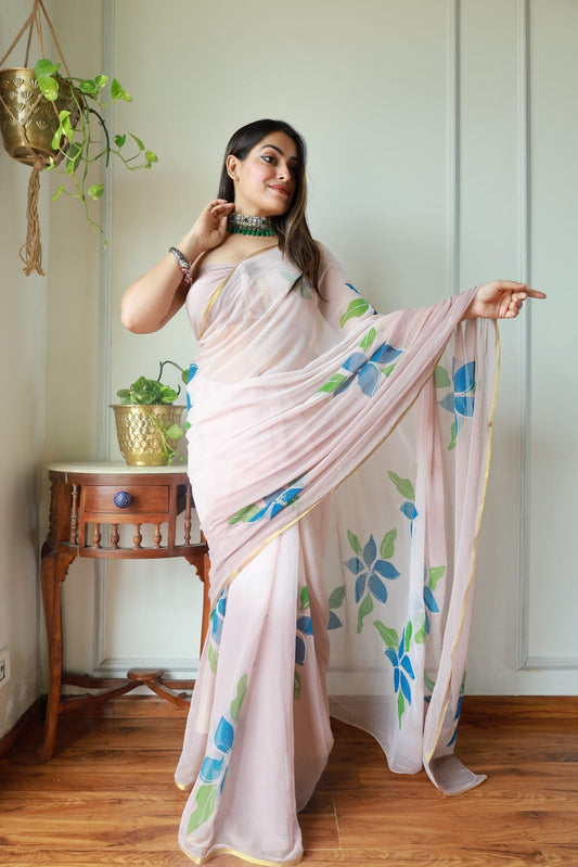 Hand Brush Painted Chiffon Saree with Blouse ( CIA22)