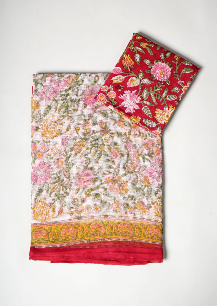 HAND BLOCK KALAMKARI BAGRU PRINTED KOTA DORIYA SAREE WITH MULMUL BLOUSE (KDS11)