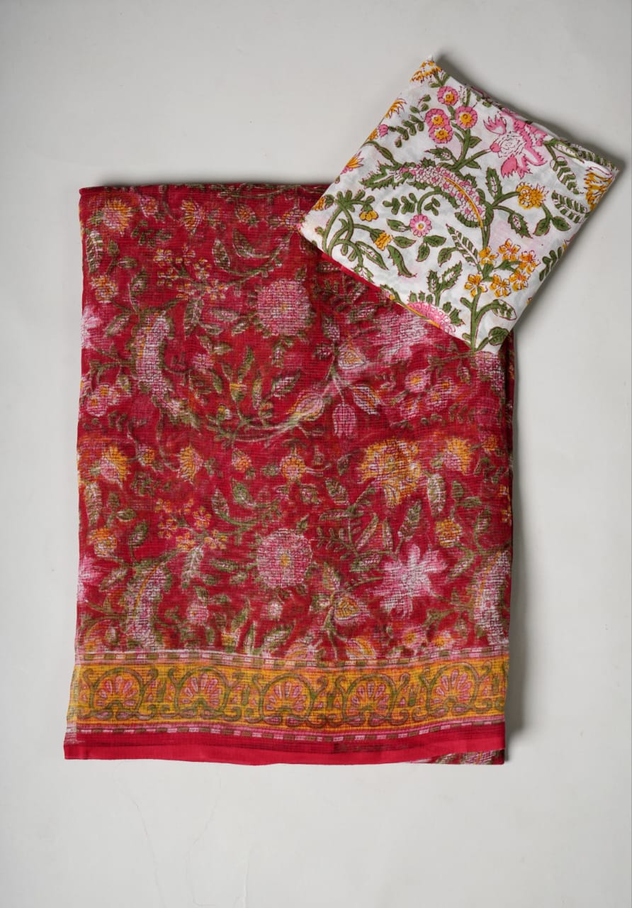 HAND BLOCK KALAMKARI BAGRU PRINTED KOTA DORIYA SAREE WITH MULMUL BLOUSE (KDS12)