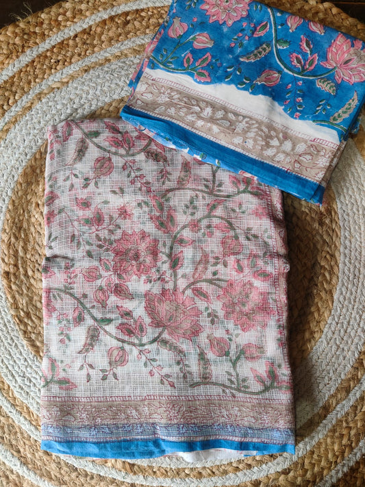 HAND BLOCK KALAMKARI BAGRU PRINTED KOTA DORIYA SAREE WITH MULMUL BLOUSE (KDS16)