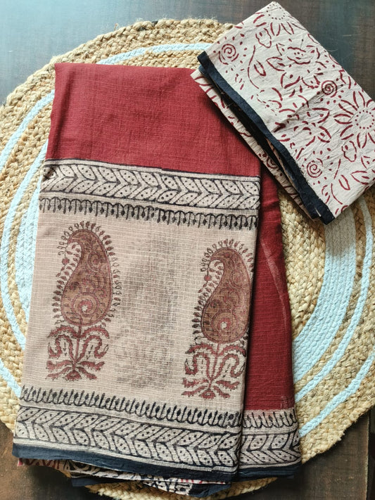 HAND BLOCK BAGRU PRINTED KOTA DORIYA SAREE WITH MULMUL BLOUSE (KDS22)