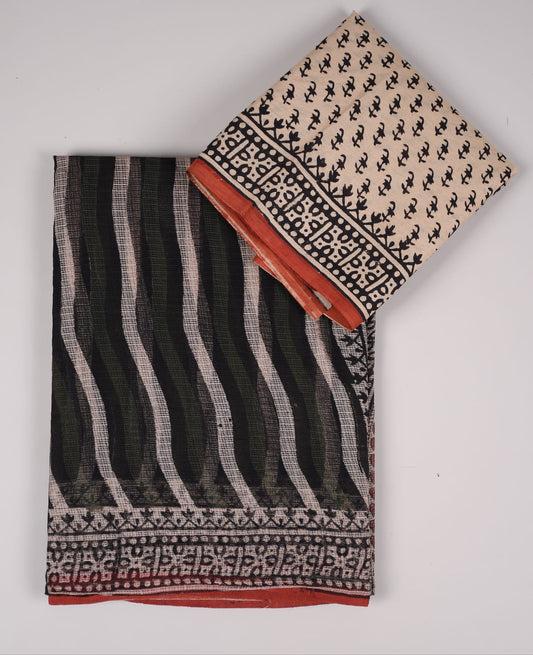 HAND BLOCK BAGRU PRINTED KOTA DORIYA SAREE WITH MULMUL BLOUSE (KDS30)