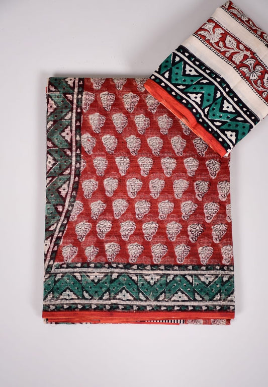 HAND BLOCK BAGRU PRINTED KOTA DORIYA SAREE WITH MULMUL BLOUSE (KDS39)