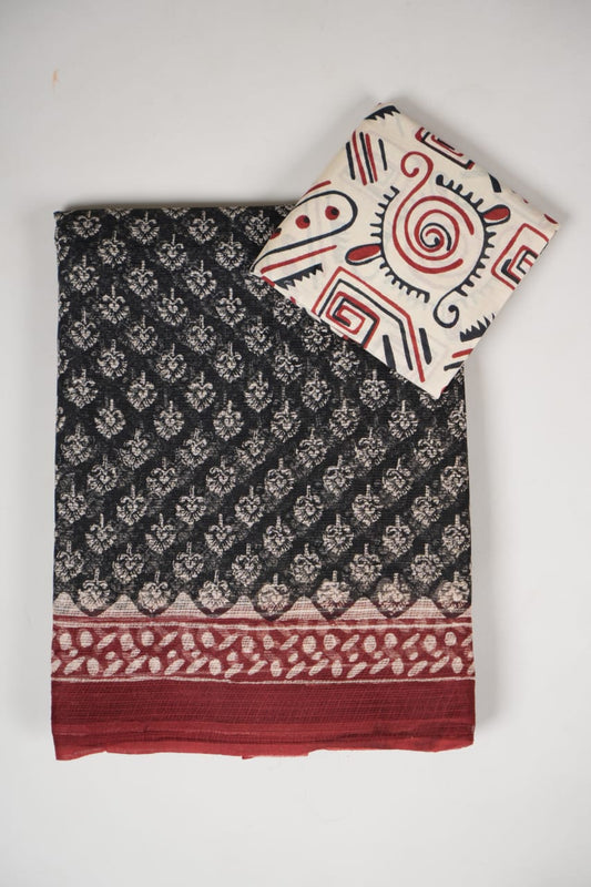 HAND BLOCK BAGRU PRINTED KOTA DORIYA SAREE WITH MULMUL BLOUSE (KDS49)