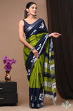 HAND BLOCK BLACK & WHITE PRINTED COTTON LINEN SAREE WITH BLOUSE (LCS6)