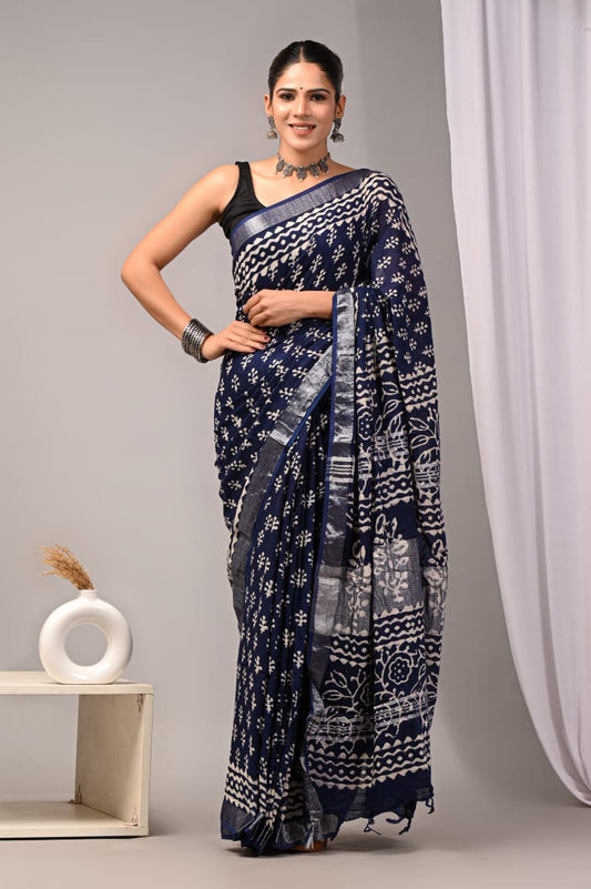 HAND BLOCK BAGRU PRINTED COTTON LINEN SAREE WITH BLOUSE (LCS4)