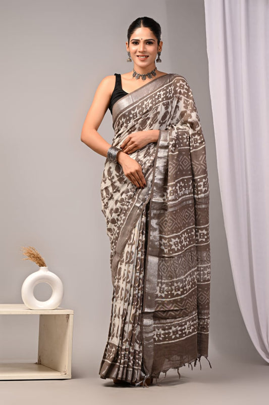 HAND BLOCK BLACK & WHITE PRINTED COTTON LINEN SAREE WITH BLOUSE (LCS7)