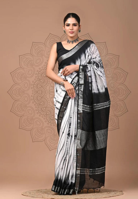 HAND BLOCK BLACK & WHITE PRINTED COTTON LINEN SAREE WITH BLOUSE (LCS11)
