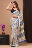 HAND BLOCK BLACK & WHITE PRINTED COTTON LINEN SAREE WITH BLOUSE (LCS12)
