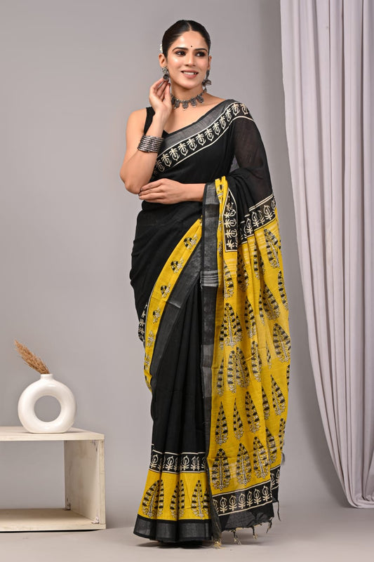 HAND BLOCK BLACK & WHITE PRINTED COTTON LINEN SAREE WITH BLOUSE (LCS24)