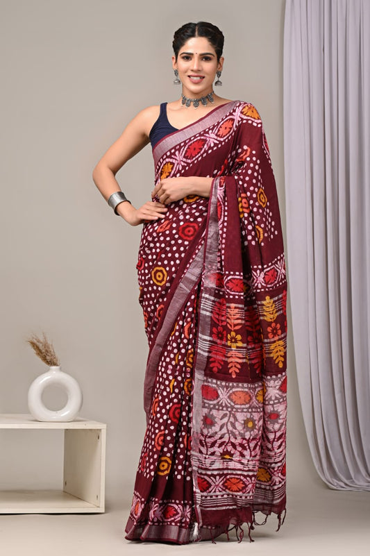 HAND BLOCK BLACK & WHITE PRINTED COTTON LINEN SAREE WITH BLOUSE (LCS25)