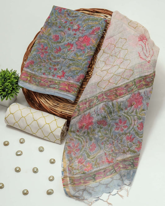 HAND BLOCK PRINTED KOTA DORIYA SUIT WITH KOTA DORIYA DUPPATA (FKS5)