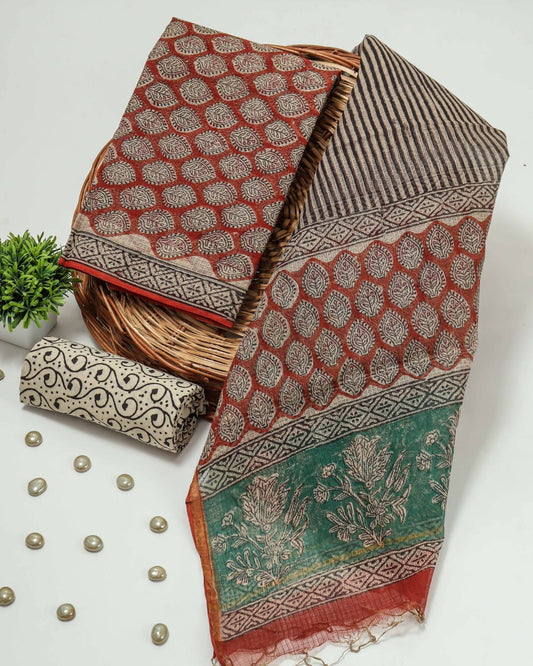 SANGANERI HAND BLOCK PRINTED KOTA DORIYA SUIT WITH KOTA DORIYA DUPPATA (FKS4)
